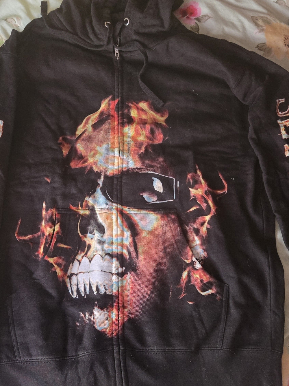 Black Zip Hoodie with Flaming Skull Graphic